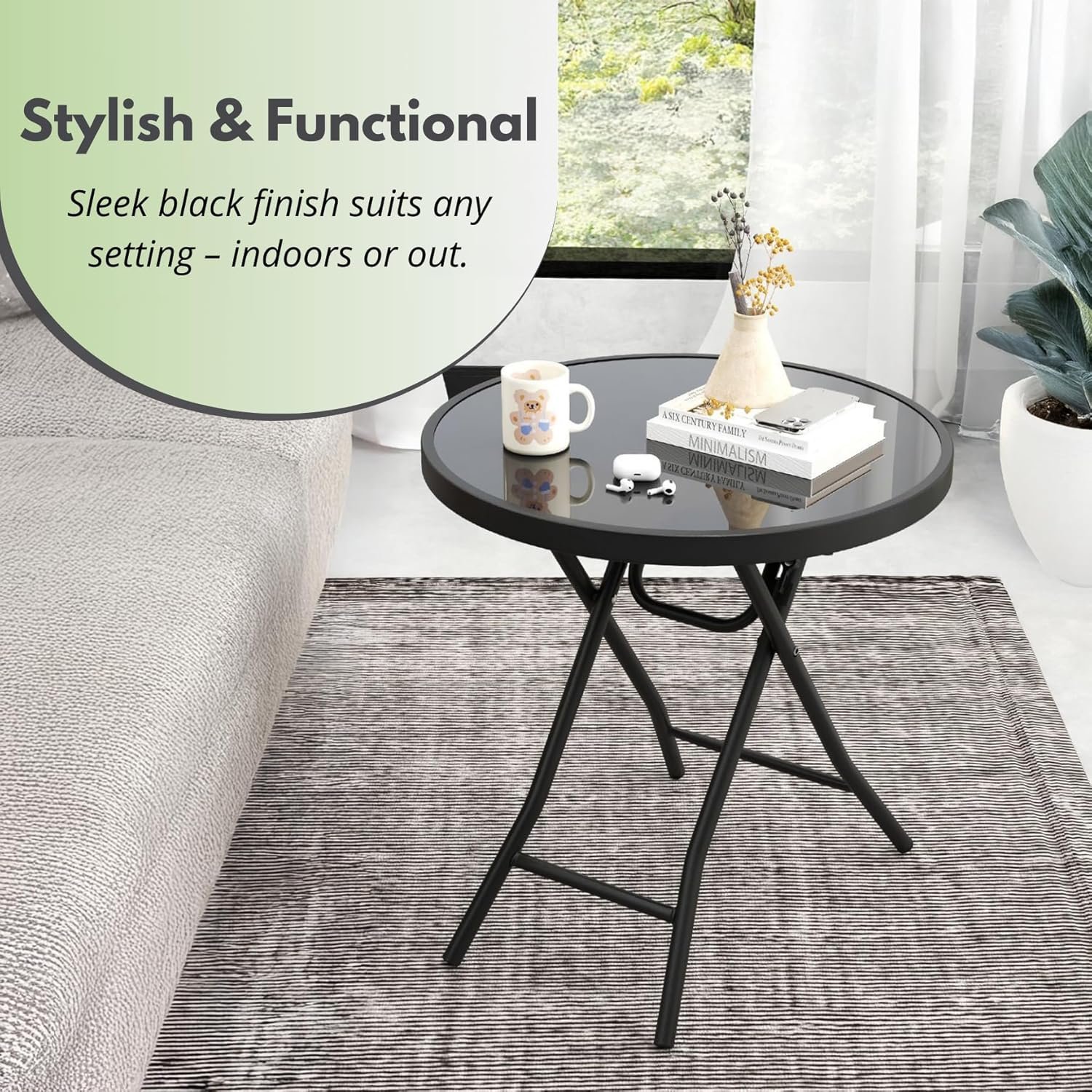 Foldable Glass Top Garden Side Table – Black Metal Frame - Image 8