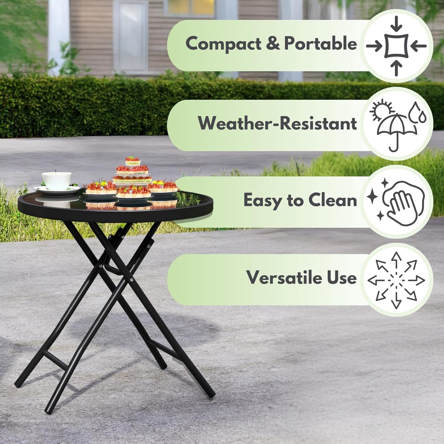 Foldable Glass Top Garden Side Table – Black Metal Frame - Image 11