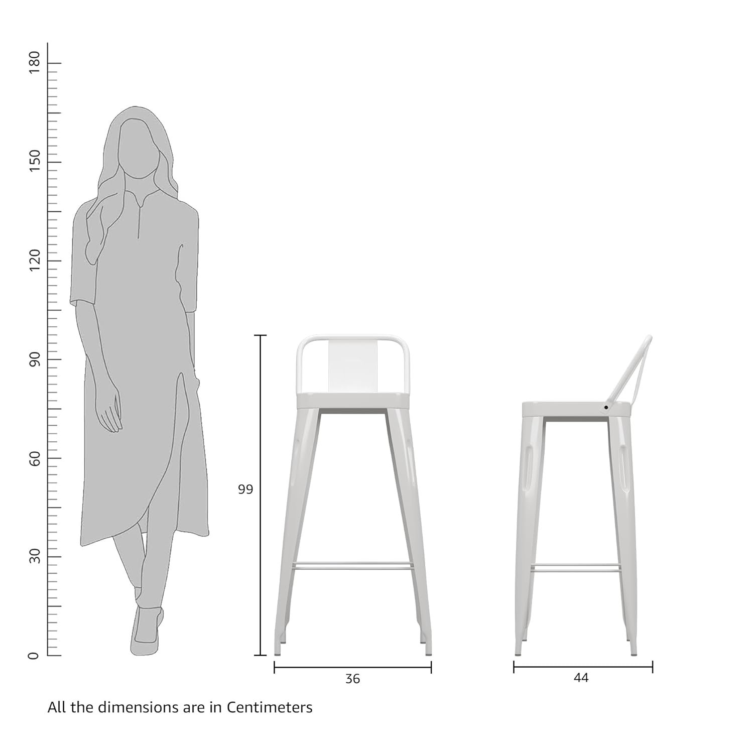 Iron Bar Stool | 44D x 36W x 99H cms | White - Image 7