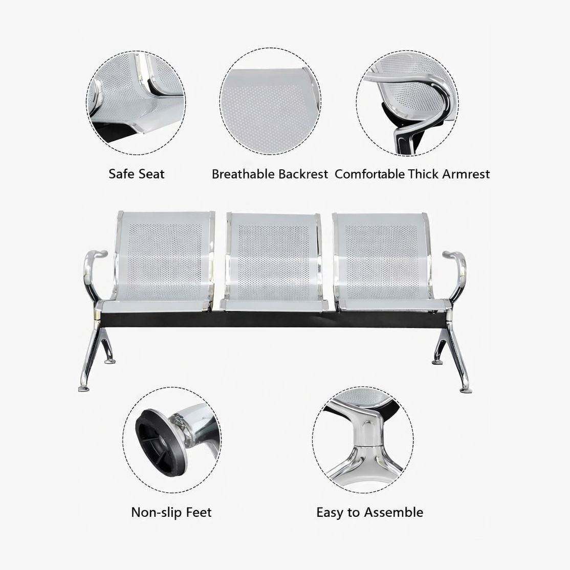 Tulip Seating PrimeLine 3-Seater Metal Waiting Chair with Chrome Legs - Image 12