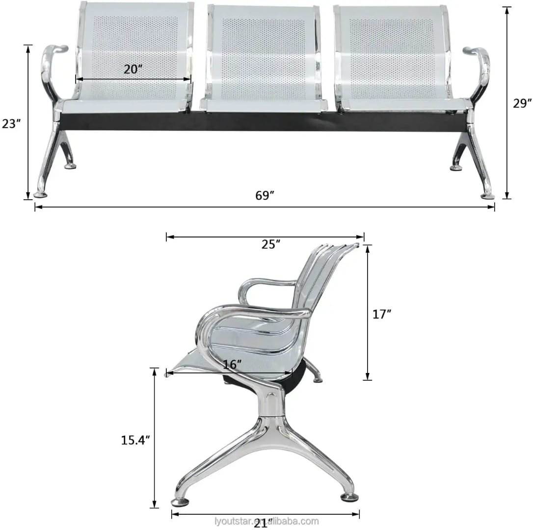 Tulip Seating PrimeLine 3-Seater Metal Waiting Chair with Chrome Legs - Image 6